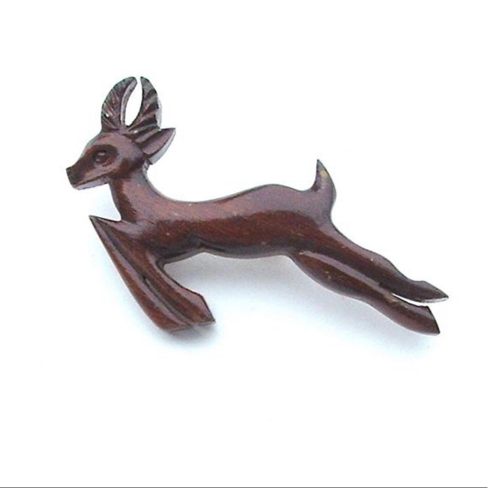 Antique Pin Rustic Hand Carved Wood Deer Brooch